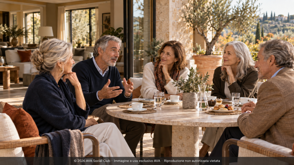 Un piccolo gruppo di adulti conversa attorno a un tavolo sulla terrazza di un caff&egrave;.