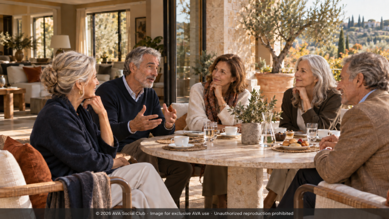 A small group of adults talking around a table on a café terrace.